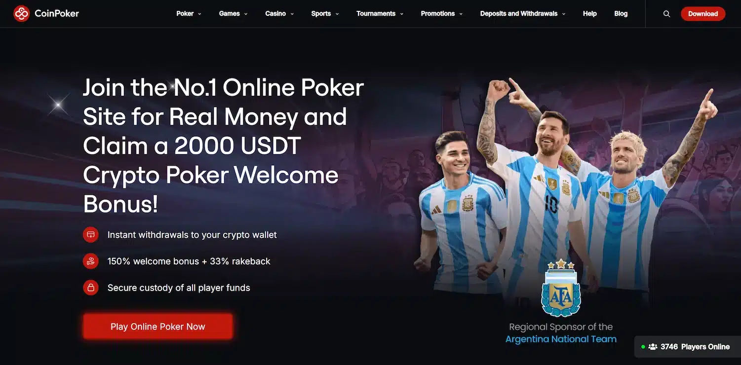 CoinPoker homepage showing a crypto poker bonus and site navigation