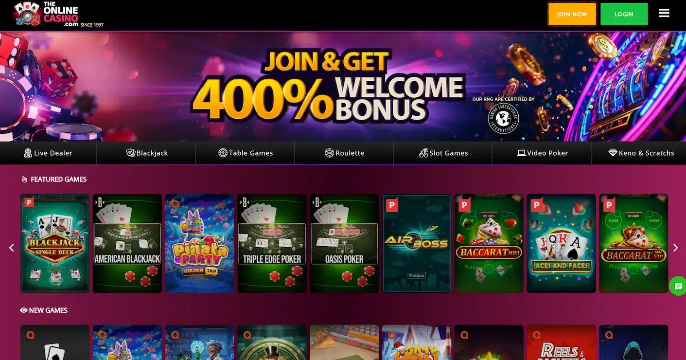 The Online Casino homepage showing a welcome bonus and game categories