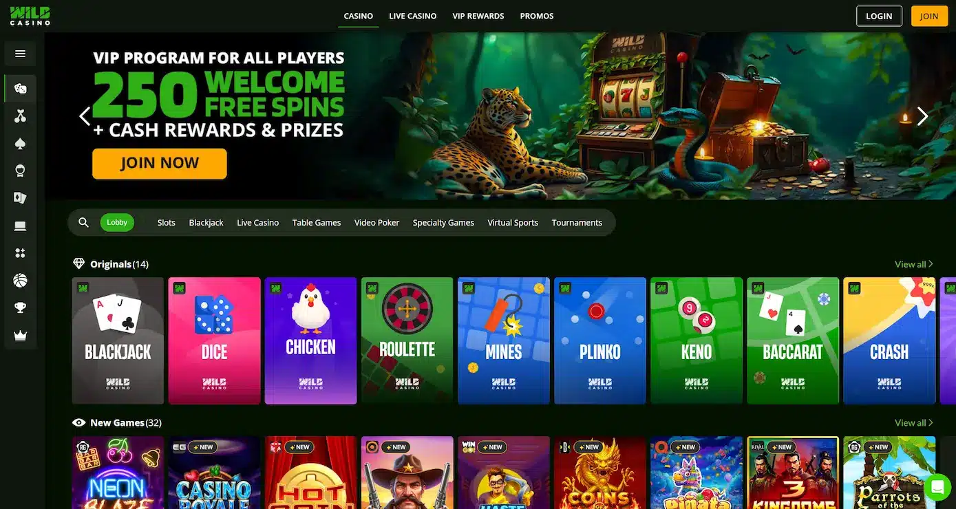 Wild Casino homepage showing a welcome bonus and casino navigation